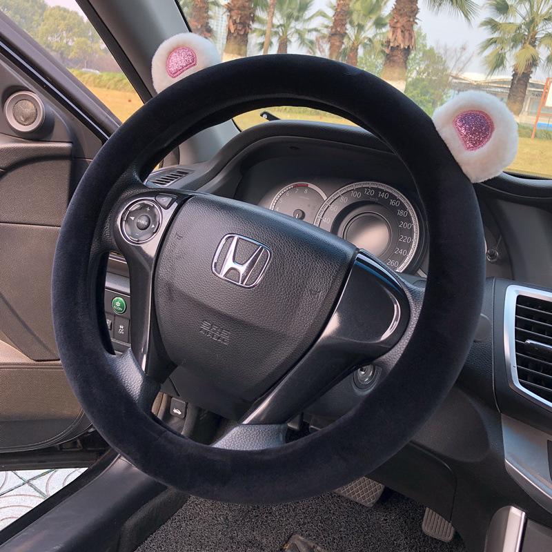Short Plush Steering Wheel Cover Kawaii Winter Warm Car Handle Cover Anti-skid Cartoon Cute Cat Ear Steering Cover Pink Gift