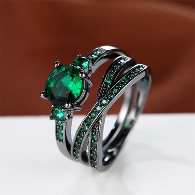 Vintage Blak Goldene Farbe Rundschliff Grüner Stein Kreuz Ring Set Ehering Ring Set Valentinstag Geschenk