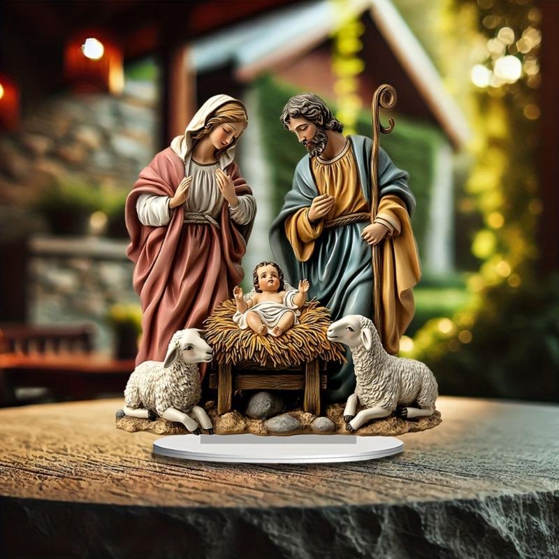 Shatterproof 2D Acrylic Nativity Scene Miniature Figurine Display Art Piece with Base For Home Office Church Desk Decors