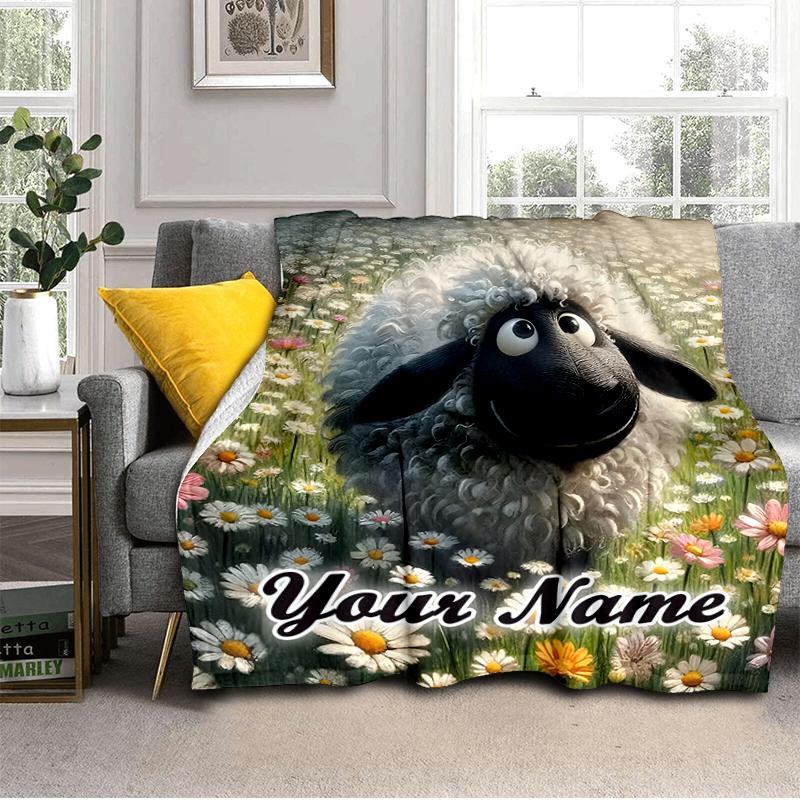 1PC Custom Name Sheep Flower Field flannel blanket versatile,all-season throw suitable for the living room,bedroom,camping,travel,and gift