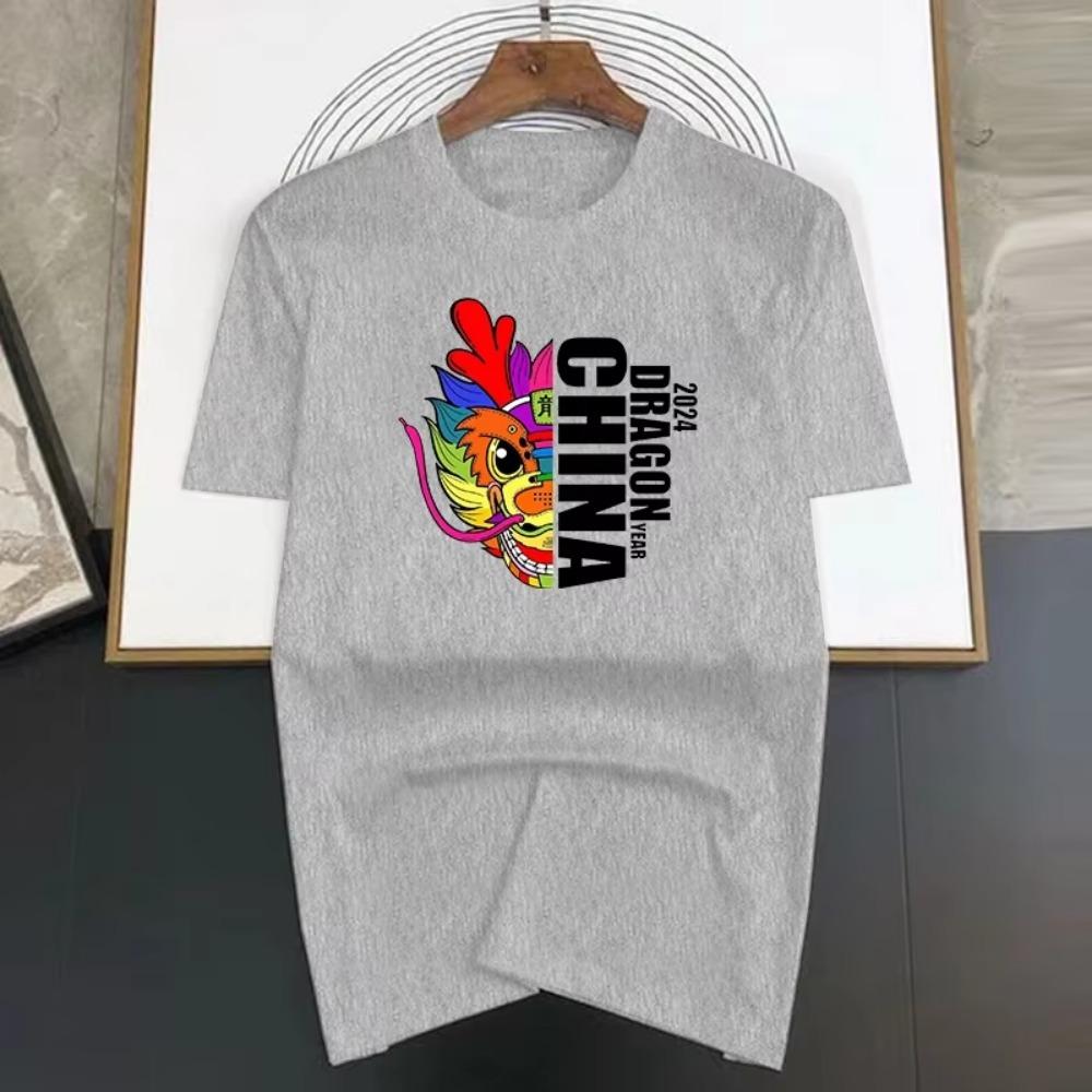 Tops 100% Algodón 2024 Año del Dragón China Dibujos Animados Manga Corta Camisetas Hombre Street Tees Sueltas Oversize Ropa Suave Transpirable
