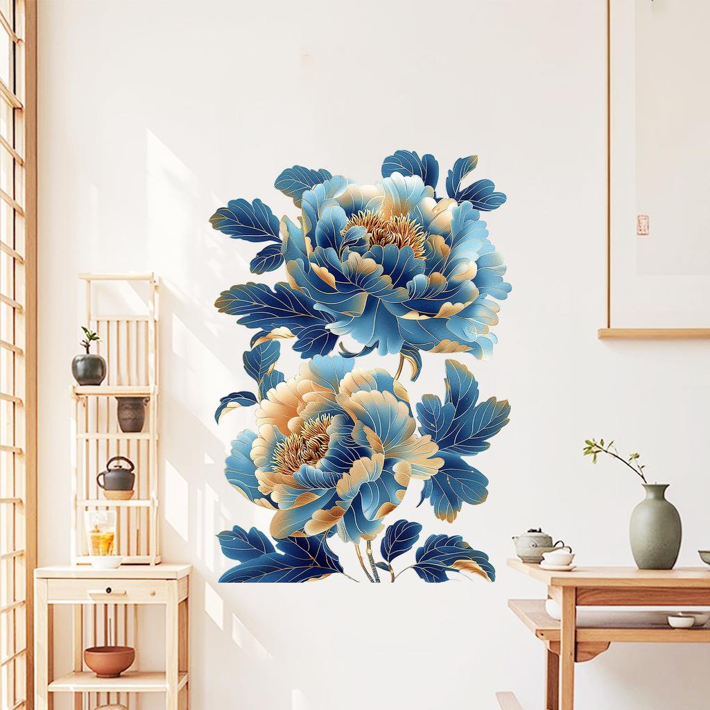 Niebieski Kwiat Peonii Naklejka Ścienna do Sypialni Salonu Przedpokoju Wystrój Domu Sztuka Ścienna Samoprzylepny Winyl