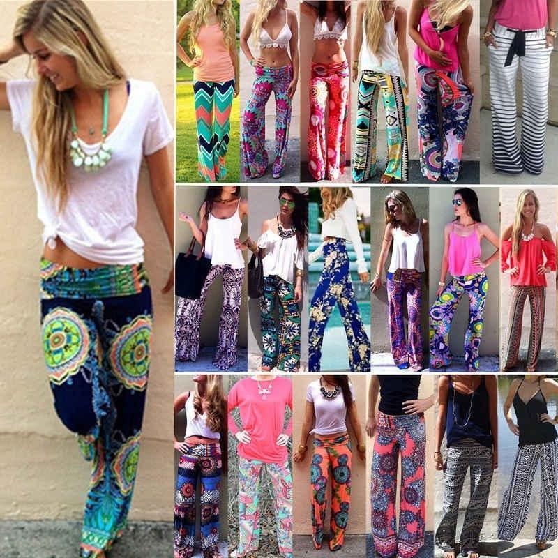 Women Bohemia Long Pants Floral Print Straight Casual Loose Trousers With Micro Fiber Material