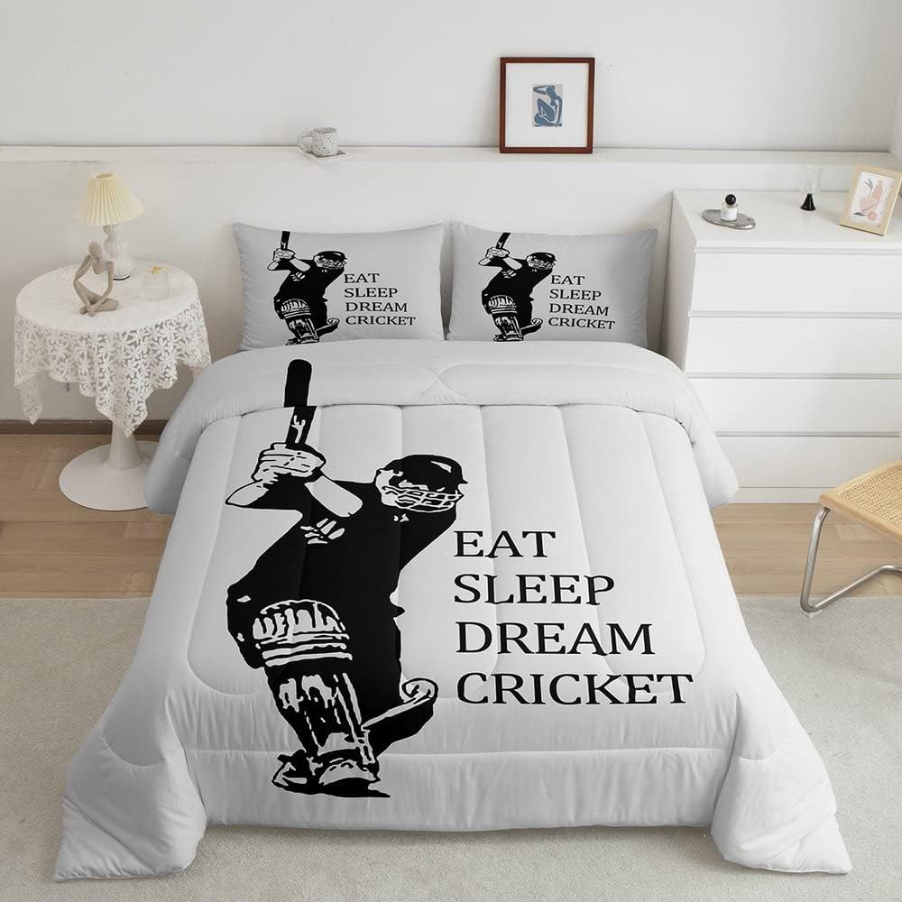 

Cricket Sports Game Duvet Cover Set Boys Girls Eat Sleep Cricket Gaming Pattern Bedding Set Gift-Cricket Lover Grey Room Decor EU Twin(135x200cm)