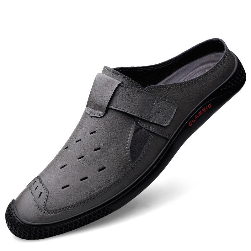 Men s Baotou Backless Summer Half-Slippers - Breathable Perforated Cowhide Casual Shoes 38 серый