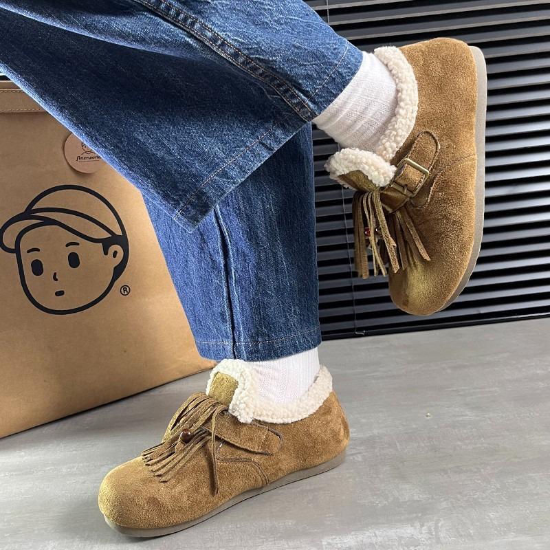 Flat Bottom Retro Fringed Women's New Winter Plush Warm Fluffy Shoes Soft Sole Comfortable Cotton Shoes
