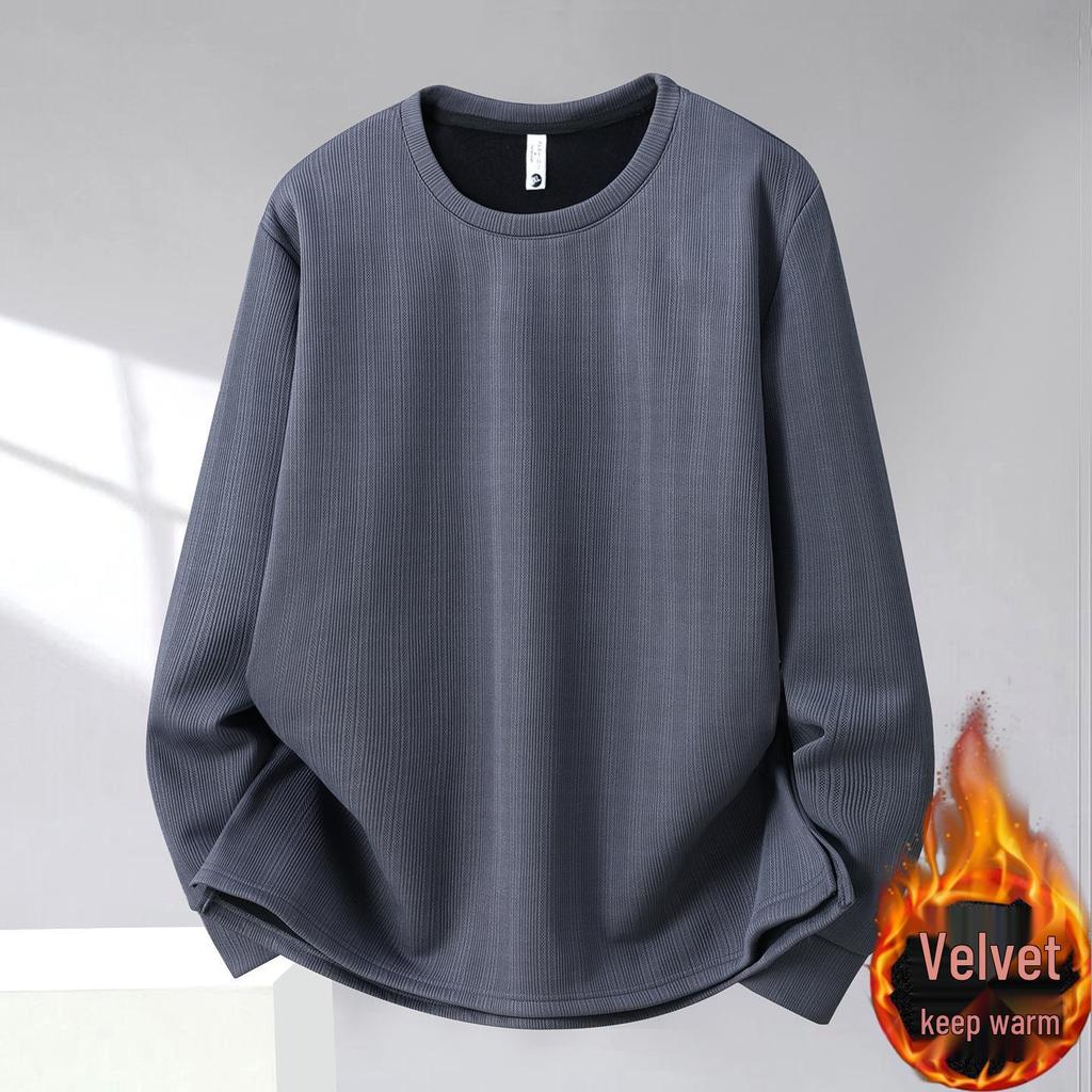 Men's Long-Sleeve Fleece-Lined Hoodie T-Shirt - Solid Color, Round Neck, Plus Size for Spring & Autumn