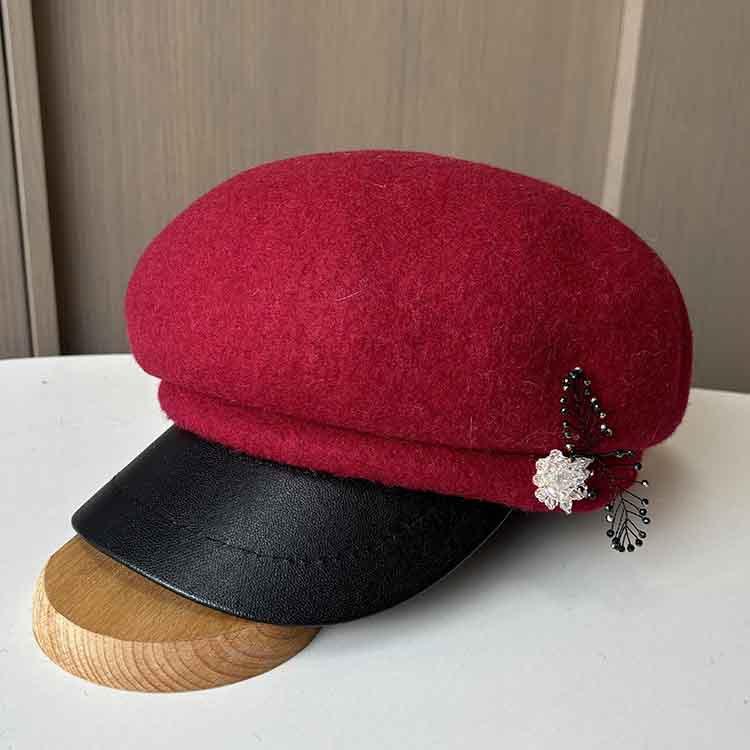 Autumn and Winter Wool Octagonal Hat Femininity Beret Short Brim Leather Cap British Style Newsboy Hat Tide