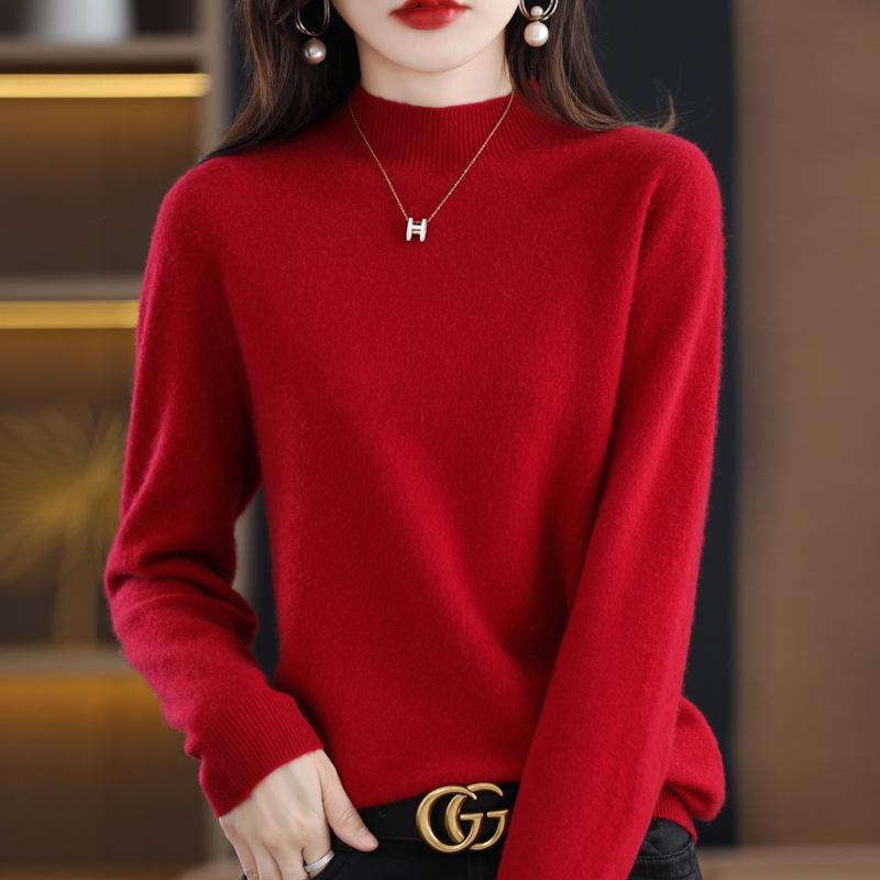Women's Seamless Pure Wool Half-High Neck Loose Knit Sweater - Autumn Winter Cashmere Base Layer