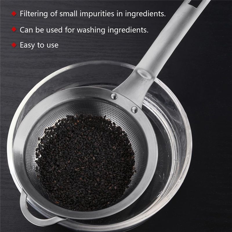 AEE2-Punch Hole Sieve Fine Mesh Stainless Steel Small Colander Strainer With Handle Metal Mini Sifter Set Of 2 For Kitchen