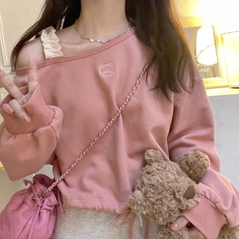 Süße Rosa Cropped Hoodies Y2k Kleidung Damen Katzenstickerei Schulterfrei Locker Kordelzug Rundhals Sweatshirt