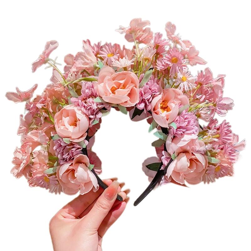 Colorful Flower Headband Double-sided Crown Hair Wreath Wedding Party Costume Headpiece for Bridal Women Hair Accessory