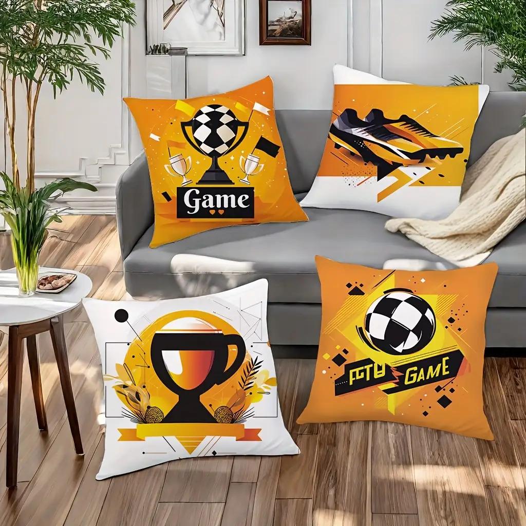 Dynamic Soccer Game Pillow Covers, Trophy Cleat Ball Art Decorative Throw Pillow Cases, Sporty Fan Home Decor Cushion Covers