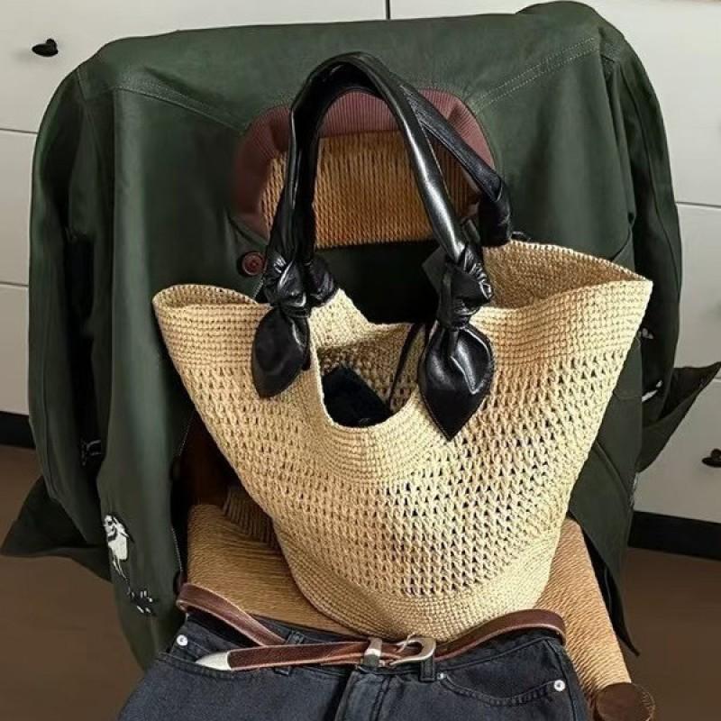 Woven Straw Leather Knot Tote Bag Large Capacity Everyday Travel Handbag Women
