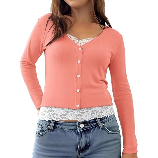 

Women Tops V Neck Long Sleeve Lace Splicing Fake Two-Piece Design Blouse M рожевий