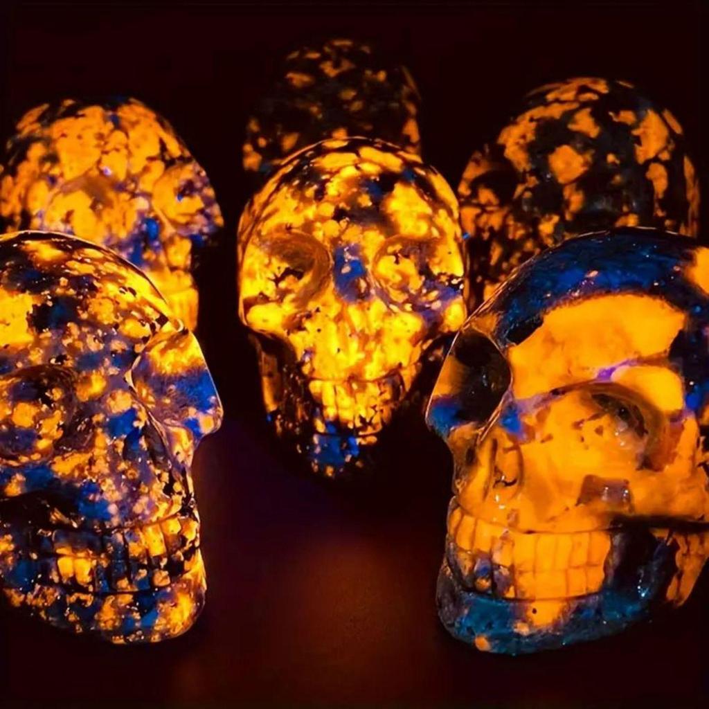 Crystal Carved Skull Flame Stone Statue - Halloween Horror Ornament Collection