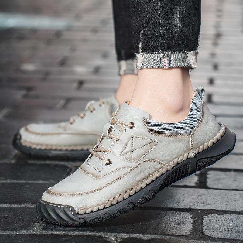 Fashion 2025 New Handmade Designer Flats Fashionable Casual Business Men Leather Shoes Outdoor Antiskid Soft Bottom Walking Hiking Shoes