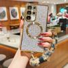 KEYSION Glitter Leopard Print Magnetic Phone Case for Samsung Galaxy S21 S22 S23 S24 S25 S26 Ultra S26+ S25 FE With Plush Lanyard Shockproof Cover