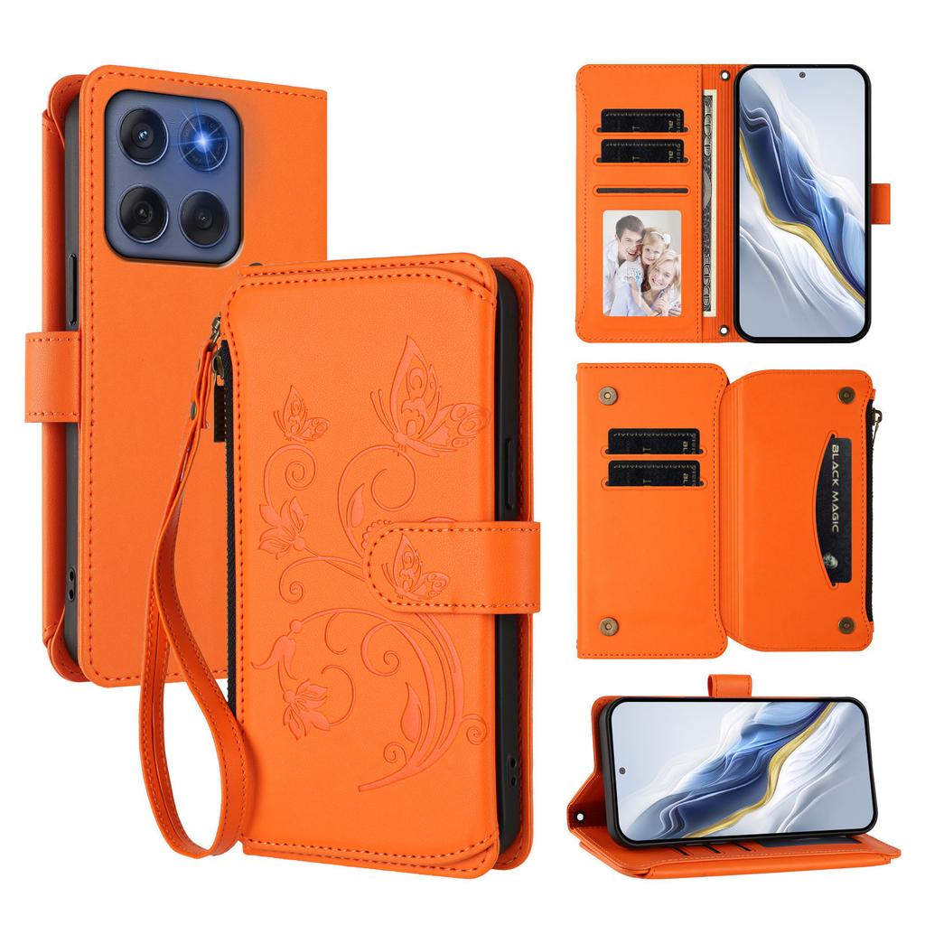 For Motorola Edge 60 5G/Motorola Edge (2025) 5G Leather Case Butterfly Floral Imprint Zipper Wallet Stand Cover with Wrist Strap