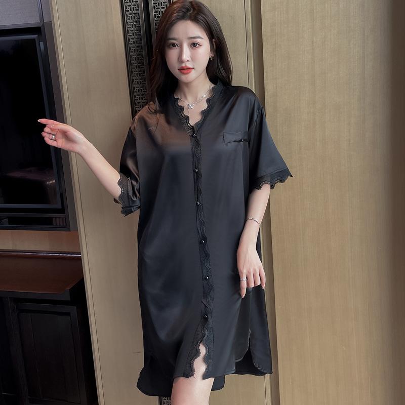 Summer Black Nightdress Blouse Skirt Sexy Lace Lace Medium And Long Pajamas V-Neck Cardigan Loungewear