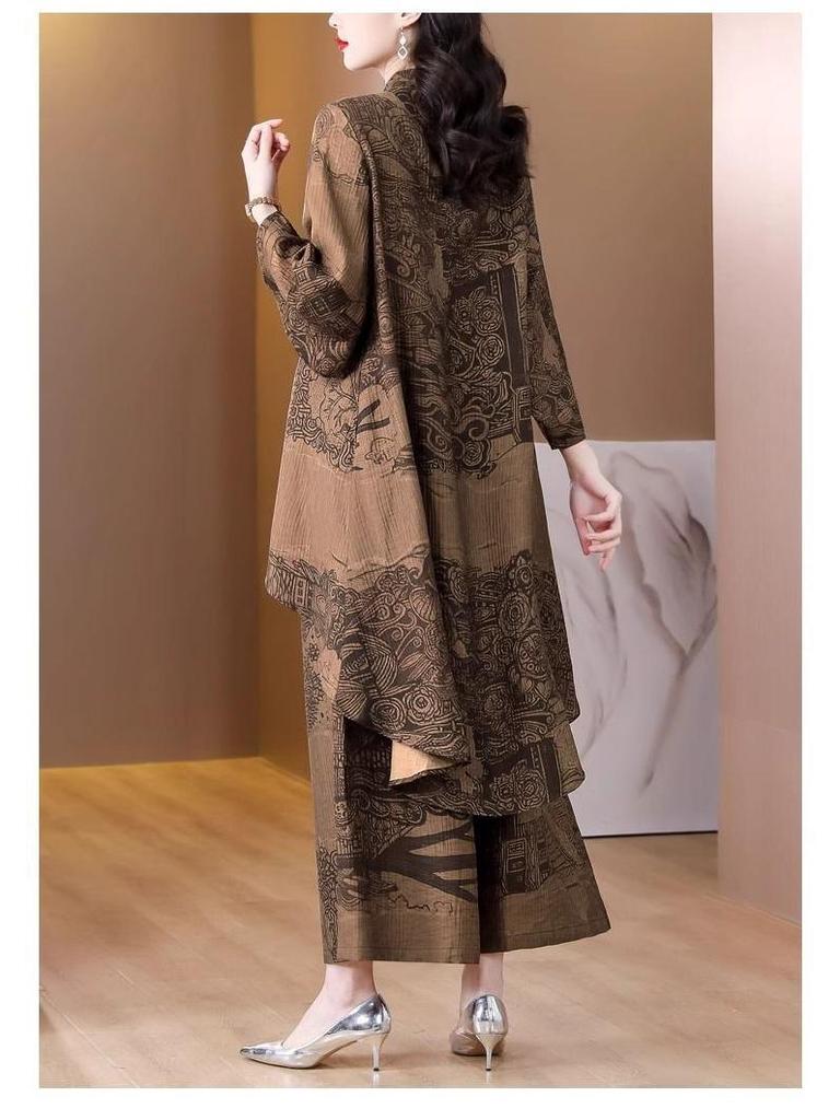 Lady's Spring 2025 Plus Size Retro Two-Piece: Irregular Top & Wide-Leg Pants Set