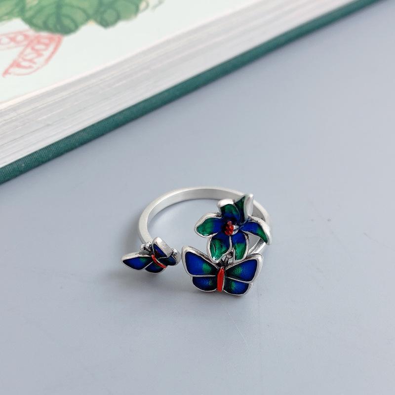 925 Sterling Silver Multi-Butterfly Open Finger Ring with Blue Accents - Exaggerated Ancient Style Flower Design