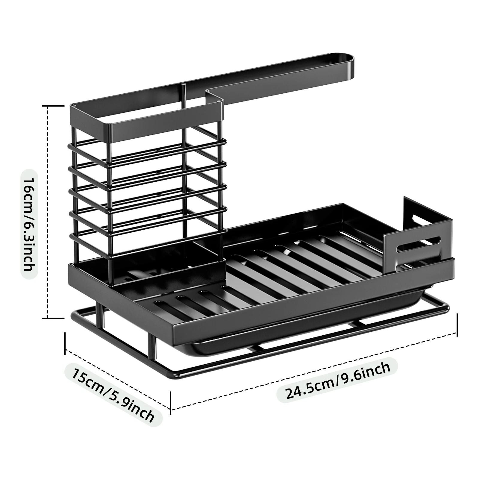 

Kitchen Faucet Sponge & Brush Holder Over-Sink Storage Rack for Dishwashing Pad Rag and Soap, No-Drill Sink Organizer Shelf чорний