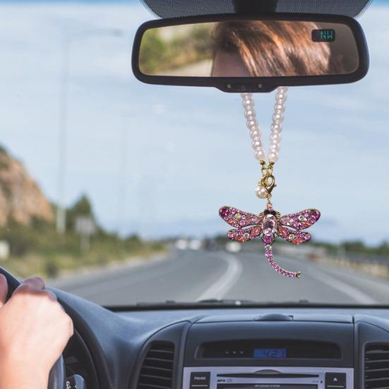 Yousheng Rhinestone Dragonfly Car Hanging Ornament Bling Rearview Mirror Pendant for Vehicle Sparkling Interior Decoration for Women