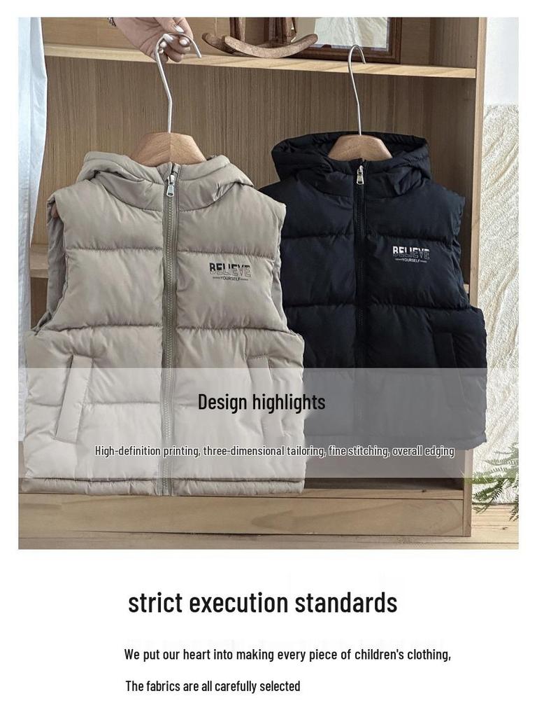 Children's Korean-Style Hooded Vest - Thick Warm Printed Down for Boys & Girls, Autumn/Winter Fashion Outerwear