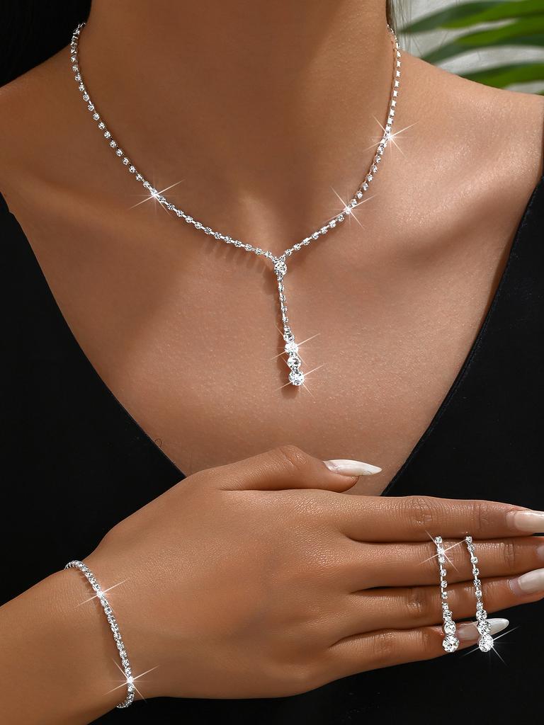 Simple Bridal Jewelry Set, Decoration, Light Luxury Zircon Necklace, Earrings, Bracelet Set, Multi-Color Selection