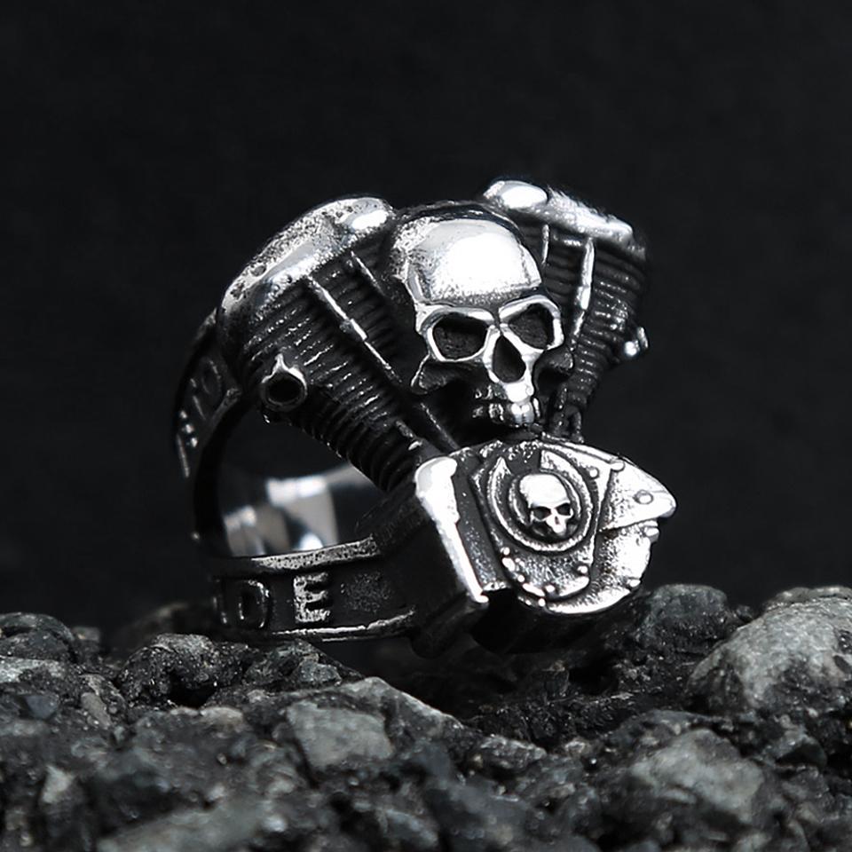 Fashion Vintage Steampunk Motorcycle Engine Skull Rings For Men 316L Stainless Steel Biker Hip Hop Jewelry Gifts