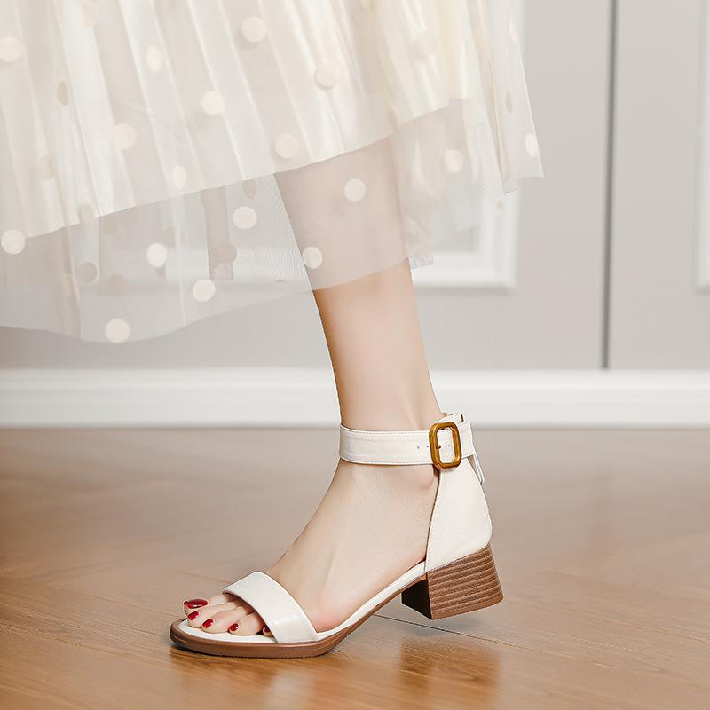 Spot Sandals Women's Medium Heel Platform French Retro Rear Zipper Thick Heel One Word Broadband Open Toe Medium Heel Roman Shoes Women