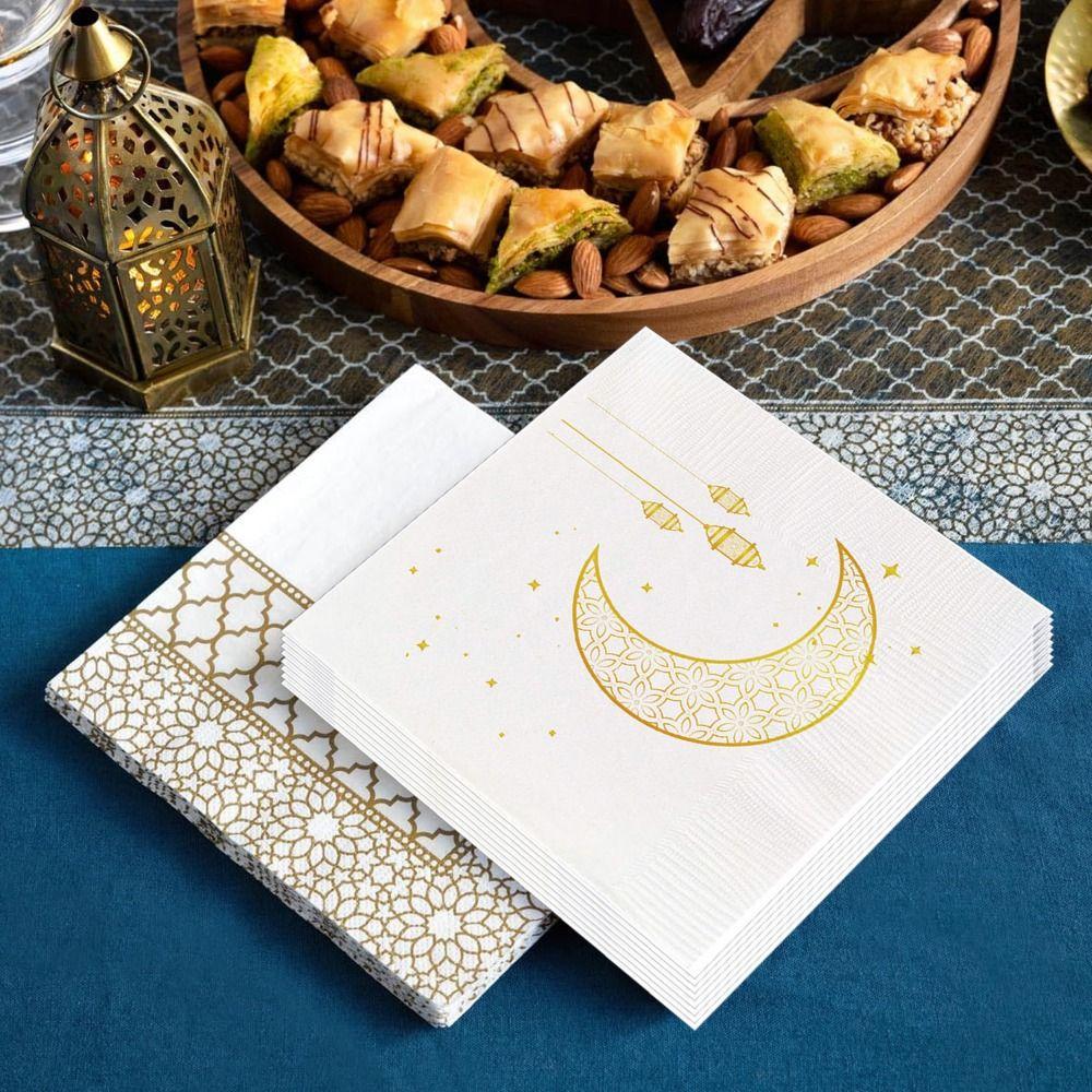 25Pcs Moon Printed Ramadan Party Napkins White Gold Islamic Tableware Paper Eid Celebrations
