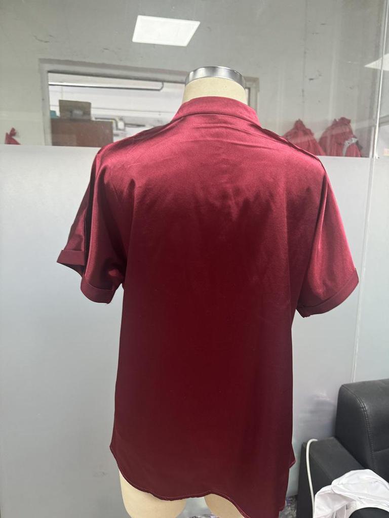 Elegante Satin-Herbstbluse - Europäischer & Amerikanischer Stil, Kurzarm Stehkragen