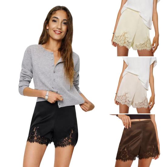 Women Satin Silky Shorts Lace Trim Patchwork Micro Shorts Low Rise