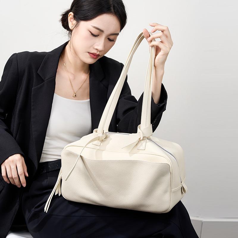 Bowling Bag for Women Retro Casual Large-capacity Genuine Leather Single-shoulder Bag