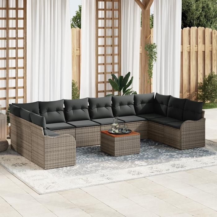 Ensemble de Canapés de Jardin vidaXL 11 Pièces avec Coussins Gris Poly Rattan Acacia, Canapé de Jardin 2 Places vidaXL avec 3356172