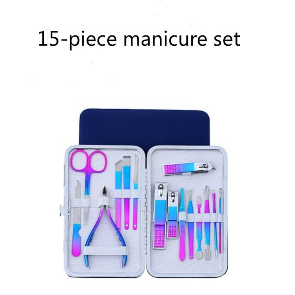Juego de manicura de acero inoxidable Olecranon colorido de 15 piezas, cuchillo para pedicura y belleza, cortaúñas, juego de cuidado de uñas