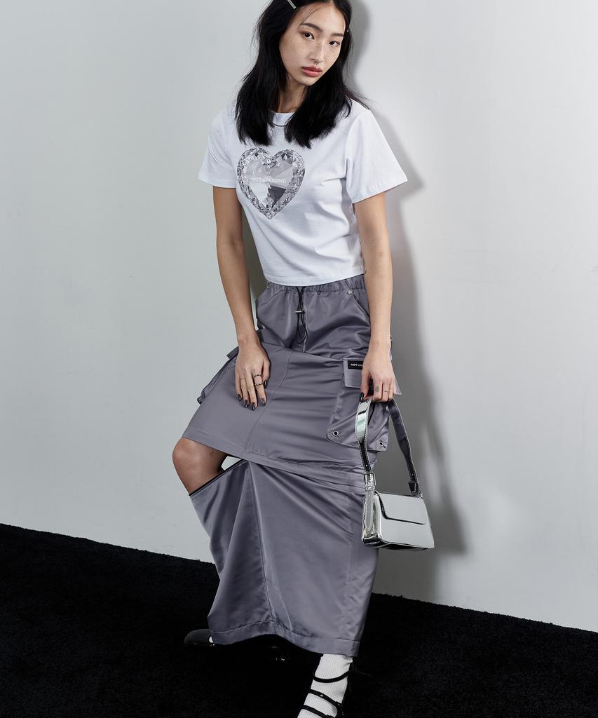 Nasnoing 2-Way Satin Maxi Cargo Skirt (Steel Gray)