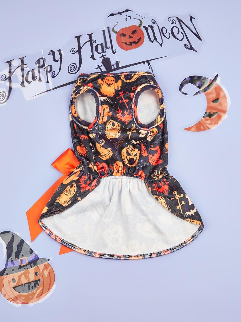 Halloween Lightweight Velvet Clothes Dog Costume Puppy Dress Doggie Party Girl One Piece with Bowknot Holiday Cat Outfits Black