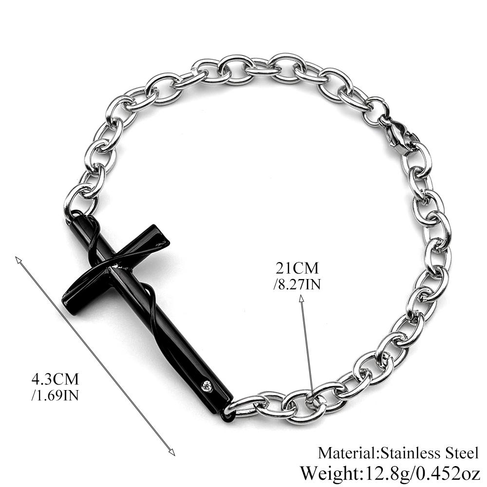 Christliches Ovales Gliederketten Kreuzarmband für Männer Frauen Edelstahl Silber Schwarz Farbe Handkette Religion Amulett Schmuck