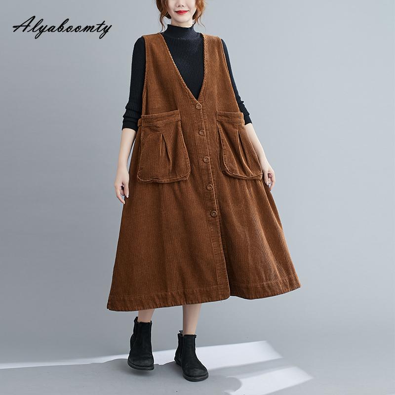 Korean Style Autumn Winter Women Basic Sundress V Neck Brown Purple Oversized Tank Dress Sleeveless Corduroy Basic Baggy Midi Dress