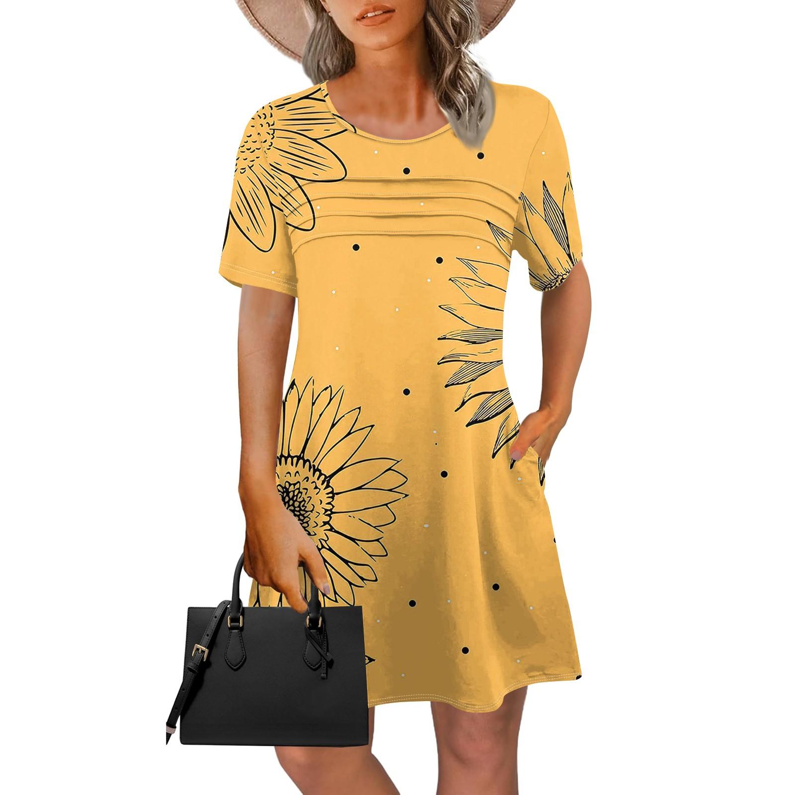 

Женское летнее винтажное платье с цветочным принтом, повседневное платье с коротким рукавом и круглым карманом XL жёлтый