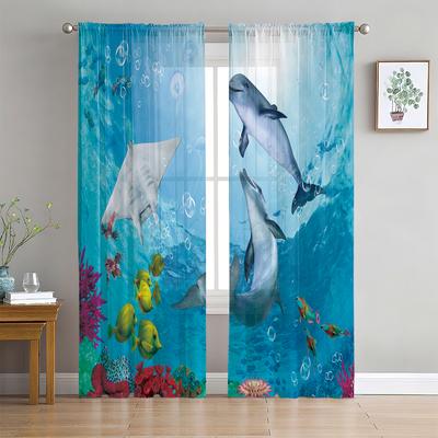 Cortina Mar Azul de 2 Painéis Cortina de Criaturas Marinhas Golfinho Tartaruga para Quarto Sala de Estar Janela de Cozinha Tule Transparente VoileCortinas
