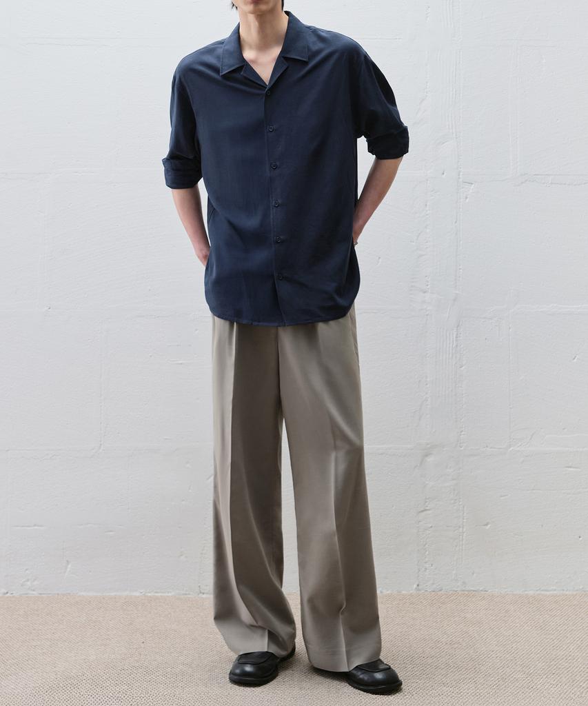 DRAW FIT Double-Pleated Elastic Wide Linen Slacks [L.Khaki]
