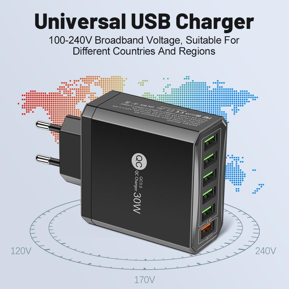 30W 6-Port QC3.0 Fast Charger with EU, US, UK, Korean Plugs