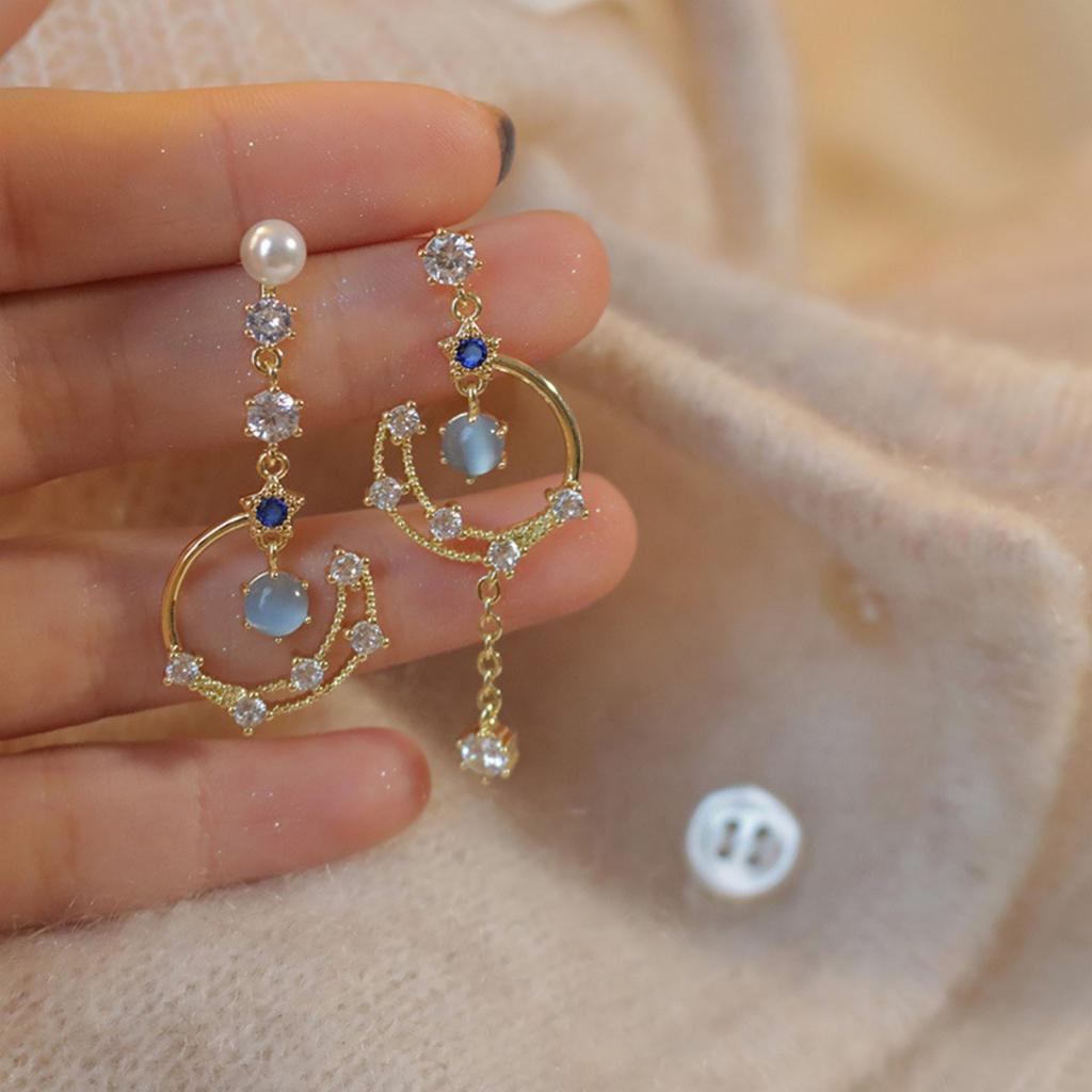 Imitation Pearl Rhinestone Opal Hollow Moon Long Tassel Asymmetric Drop Earrings Elegant Moon Earring For Women Men Jewelry Gift