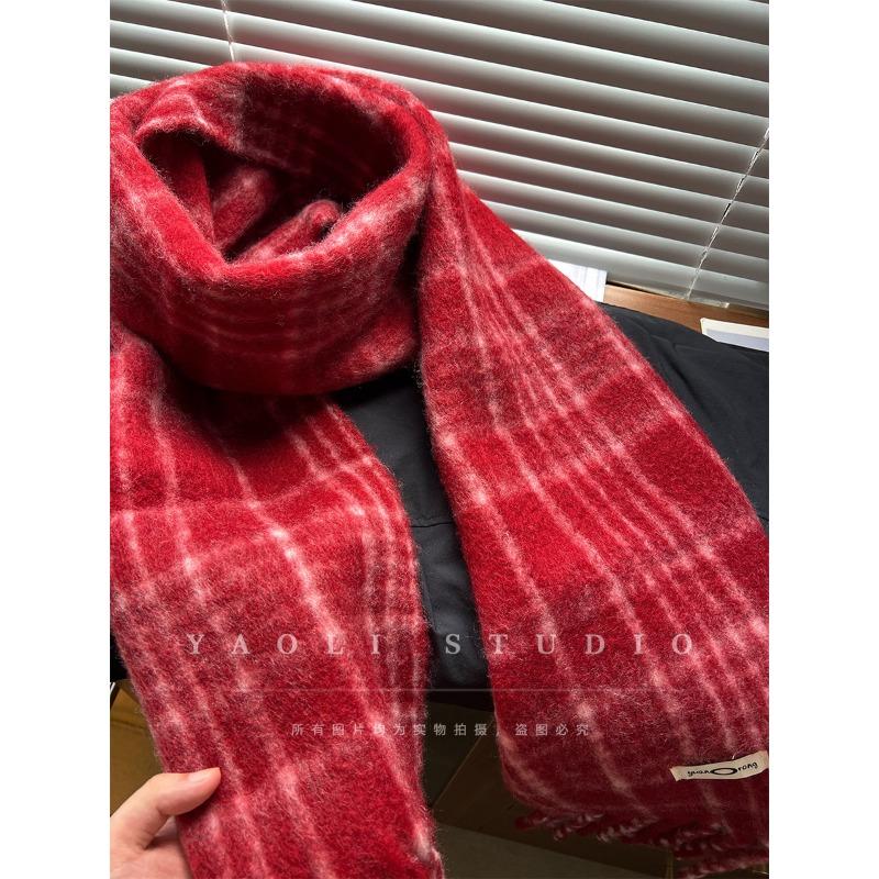 Red Plaid High End Brushed Scarf for Women Autumn and Winter Warm and Cold Proof Scarf Korean