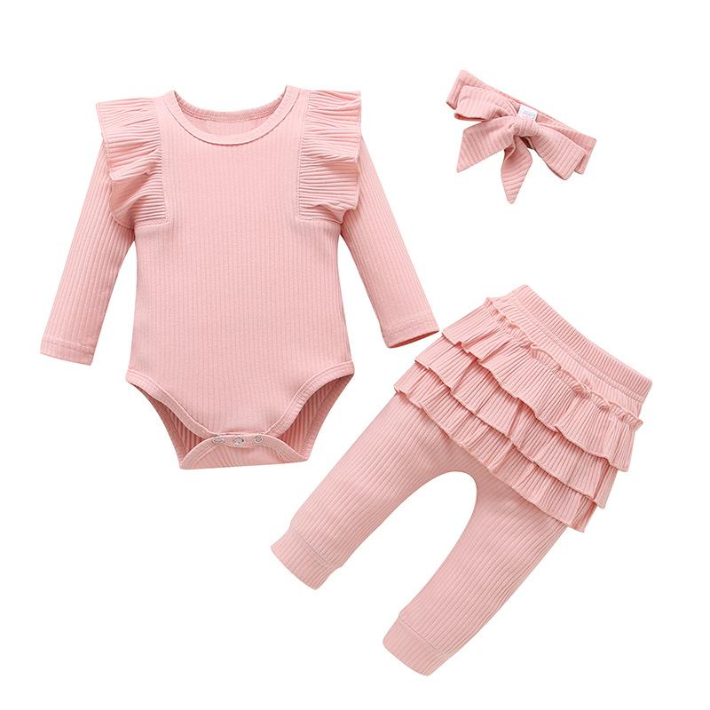 3PCS Infant Baby Girls Outfits Newborn Ruffled T-Shirt Romper Bodysuit + Pant + Headband Clothes Set Long Sleeve Fall Winter Clothing Suits