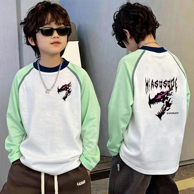 Boys' Summer Loose Cartoon Long Sleeve Sun Protection Top for Middle & Older Kids - Lightweight Cool Patchwork Base Layer Shirt